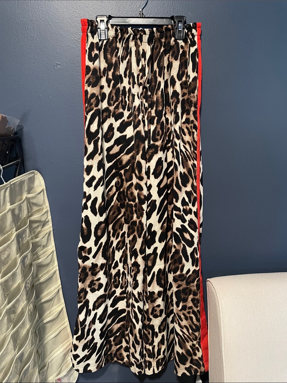 Q2 Leopard Print Wide Leg Pants with Red Side Stripe, S